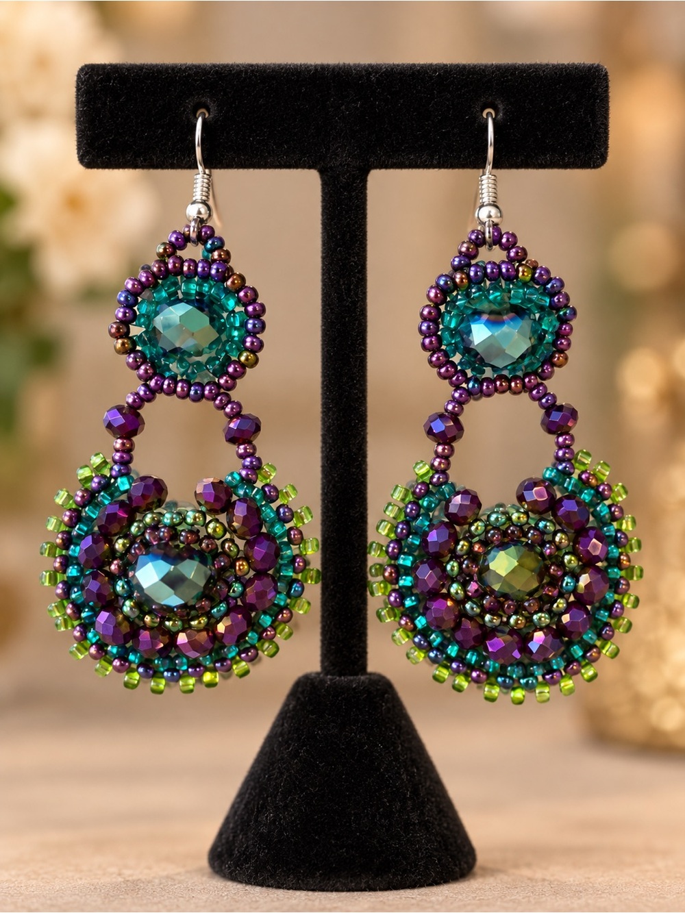 Iridescent Beaded Drop Earrings in Teal, Purple & Green